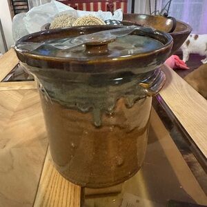 Bear signed Brown Ceramic Crock with Lid